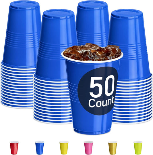 DecorRack 50 Count Blue Party Cups, 16 oz BPA Free Plastic Cups, Perfect for Birthday, Picnic, Indoor and Outdoor Event, Stackable, Reusable, Disposable Round Beverage Drinking Cups (50 Pack)