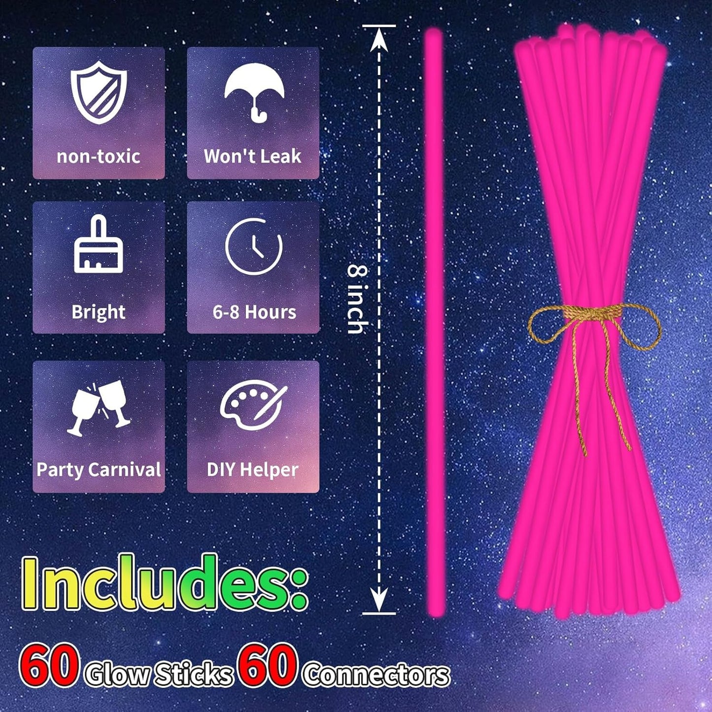 60 Pack 8” White Glow Sticks Bulk with 60 Connectors Neon Glow In The Dark Party favors Supplies for Holiday Birthday Party Decoration (White)