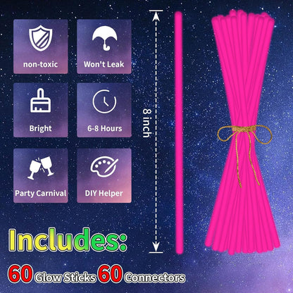 60 Pack 8” White Glow Sticks Bulk with 60 Connectors Neon Glow In The Dark Party favors Supplies for Holiday Birthday Party Decoration (White)
