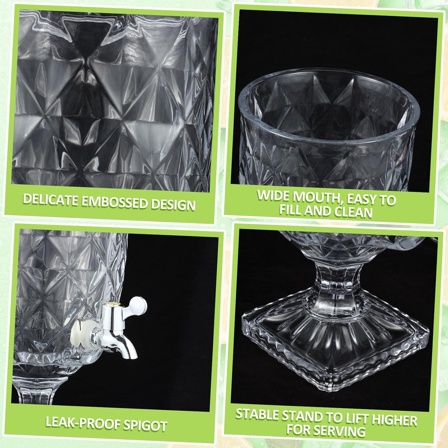 Bokon 2 Pieces Drink Dispensers for Parties Crystal Iced Beverage Dispenser with Stand and Spigot, Glass Liquid Containers Wide Mouth Beverage Server for Juice Tea Wedding (Exquisite)