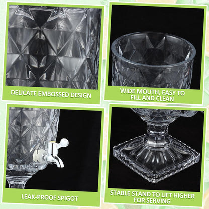 Bokon 2 Pieces Drink Dispensers for Parties Crystal Iced Beverage Dispenser with Stand and Spigot, Glass Liquid Containers Wide Mouth Beverage Server for Juice Tea Wedding (Exquisite)