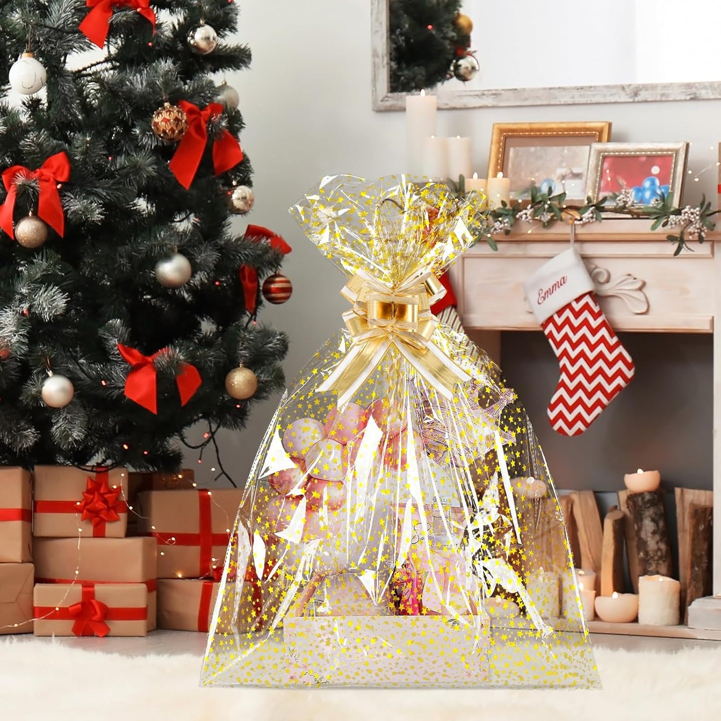100 Pcs Star Printed 5"X 7" Gift Wrap Cello Cellophane Treat Bags Party Favor bags Clear Candy Cookie Bag Plastic Poly Goodie Storage Bag with Twist Ties for Bakery,Birthday, Wedding ,Party Decorations (Gold)