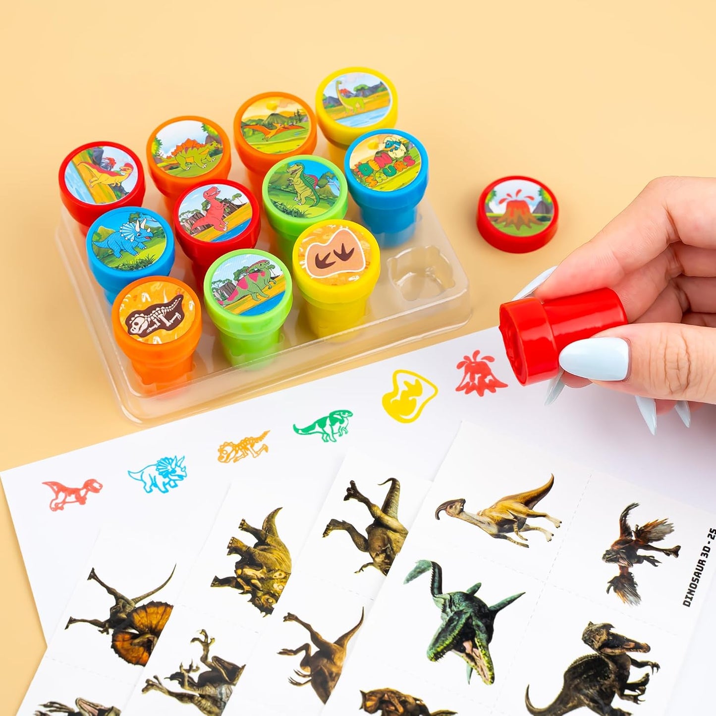 36PCS Dinosaur Party Favors - 24PCS Pre-Cut Temporary Tattoos & 12PCS Stamps - Ideal Dino Fossil Themed Birthday Card Decorations Supplies Goodie Bag Baby Shower Kids Gifts Classroom Rewards Prizes