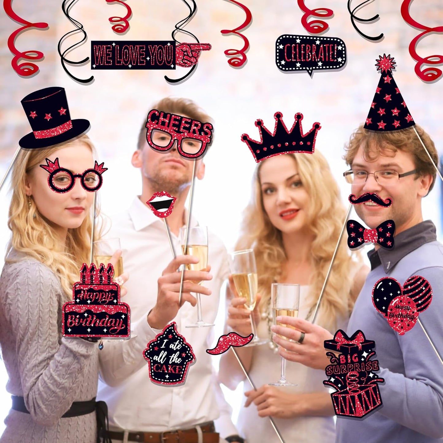 36 PCS Birthday Photo Booth Props Party Supplies Holiday Picture Decorations Photo Booth Props for Birthday Party Favors Pose Sign Kit Fun for Party (Purple and Black)