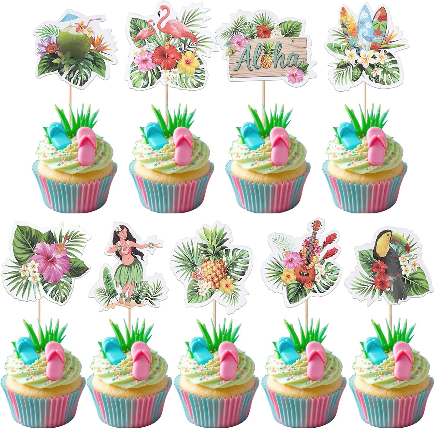 28 PCS Tropical Cupcake Toppers Glitter Leaf Pineapple Flower Palm Tree Flamingo Cupcake Picks Aloha Cake Decorations for Summer Hawaiian Luau Theme Baby Shower Birthday Wedding Party Supplies