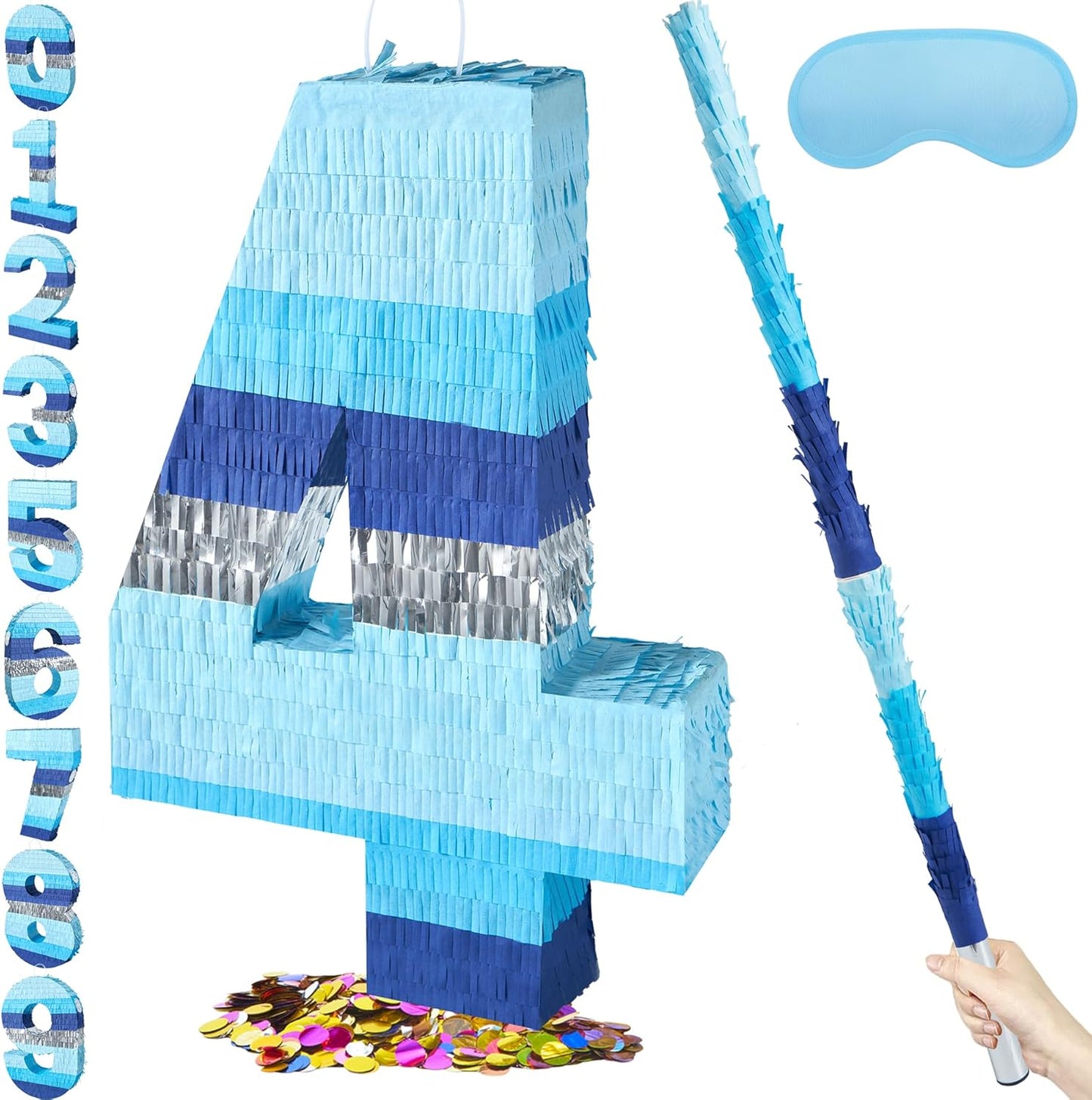 PCFING 20 Inch Number 3 Piñata Blue Silver with 30 Inch Piñata Stick Blindfold Confetti for Boys Girls Adults Birthday Party Decorations, Anniversary Celebration, Fiesta