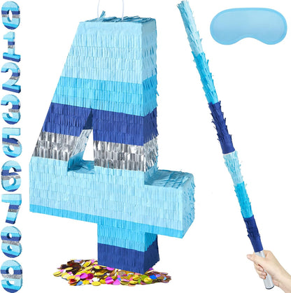 PCFING 20 Inch Number 3 Piñata Blue Silver with 30 Inch Piñata Stick Blindfold Confetti for Boys Girls Adults Birthday Party Decorations, Anniversary Celebration, Fiesta