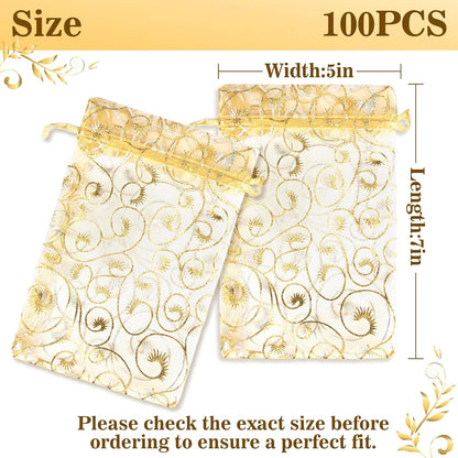 Sukh 100pcs Organza Bags 5''x7'' - White Sheer Mesh Drawstring Bags for Jewelry, Soap, Fruits, Candy, Small Gift Bags for Weddings, Valentine's Day, Mother's Day, Halloween, Thanksgiving, Christmas