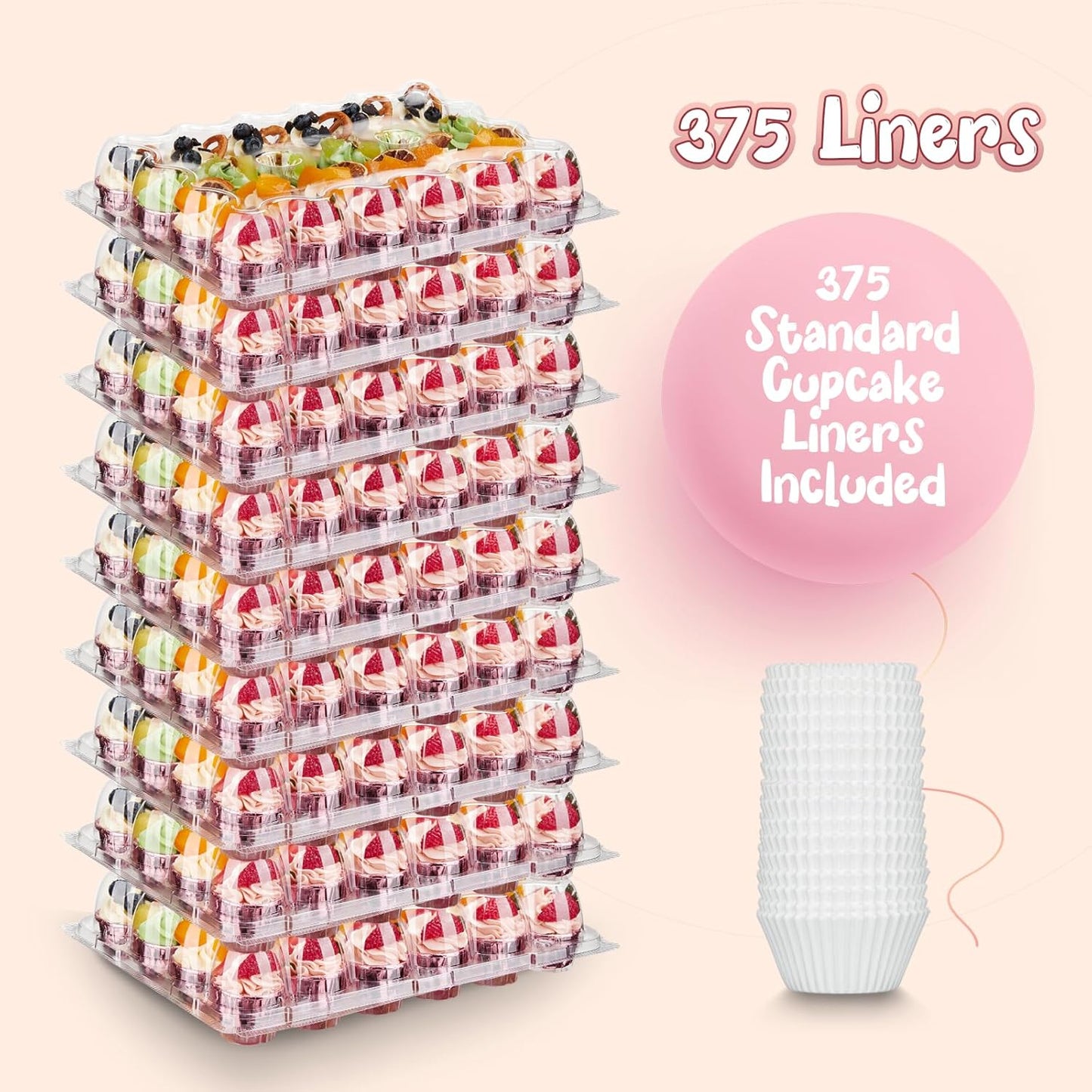 Hlukana (24 Pack x 15 Sets) Mini Cupcake Containers with 375 Pack Cupcakes Liners, Plastic Cupcake Holder, Stackable Mini Cupcake Boxes Carrier, Clear Disposable Cupcake Trays, High Dome - MINI SIZE
