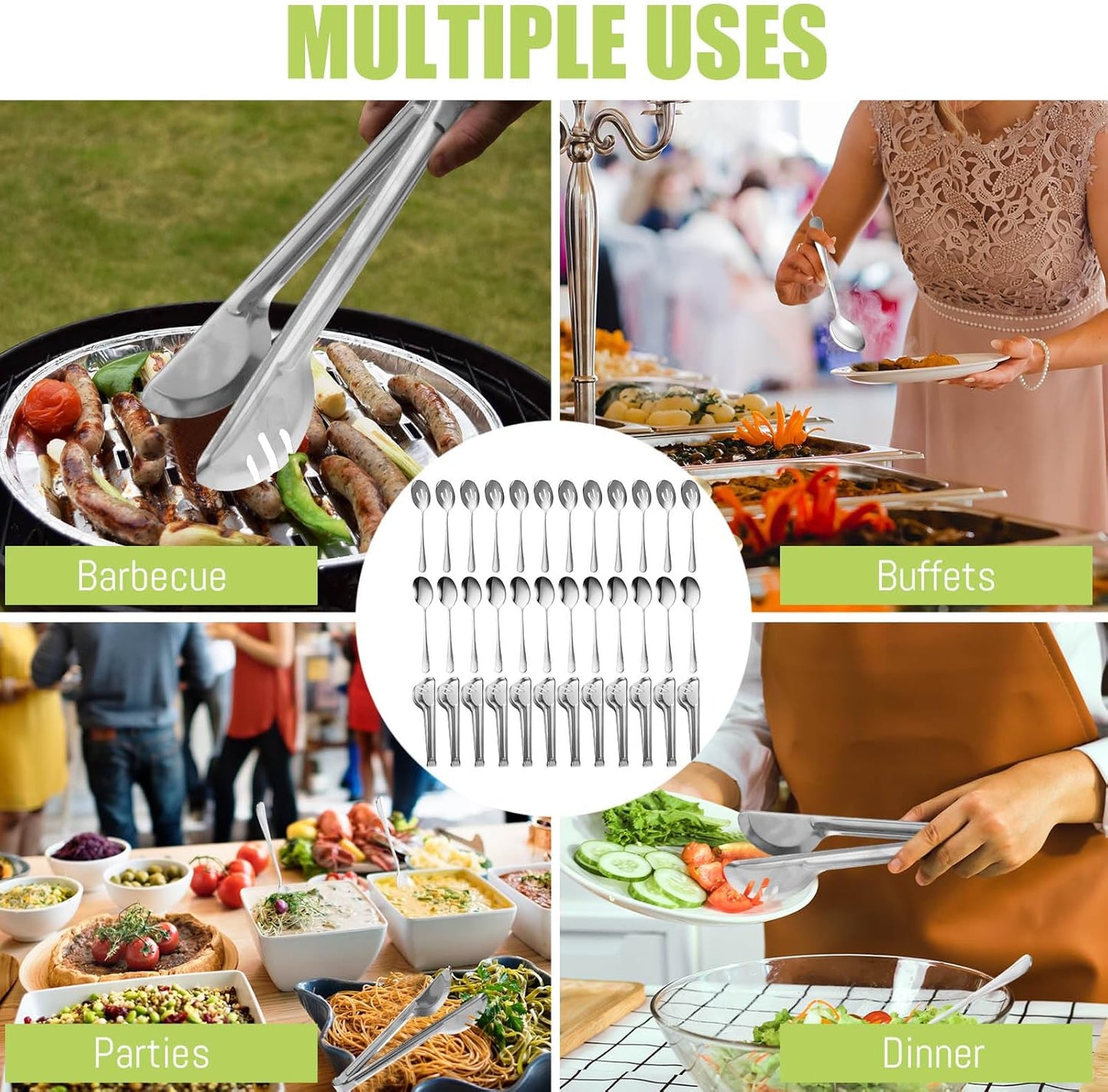 Sabary 36 Pcs Stainless Steel Serving Utensils for Buffet Parties Including 12 Serving Spoons 12 Slotted Spoons 12 Serving Tongs Large Metal Flatware Set for Tanksgiving Catering Banquet(Gold)