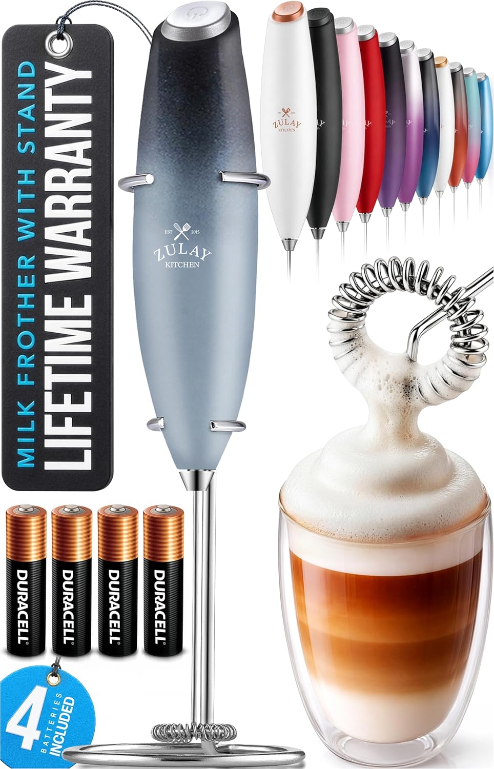 Zulay Kitchen Powerful Milk Frother Wand With Duracell Batteries - Ultra Fast Handheld Drink Mixer - Electric Whisk Foam Maker for Coffee, Lattes, Cappuccino & Matcha - Z1 Motor - Black - Colors B