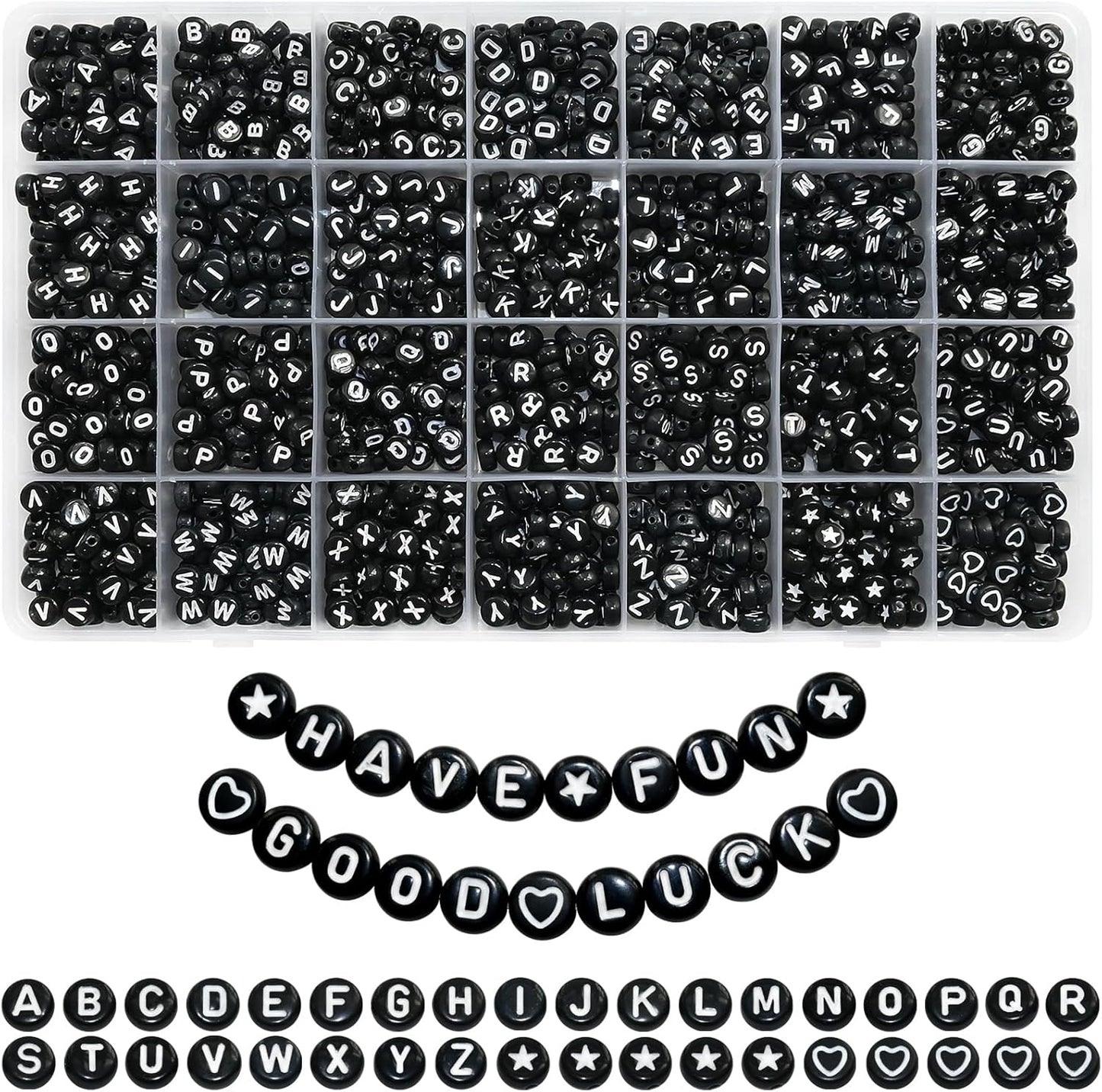Amaney 1400pcs Glow Letter Beads, Heart Beads Whit Elastic Beading Cord,4x7mm Round Acrylic Alphabet Beads for Friend Bracelet Jewelry Making