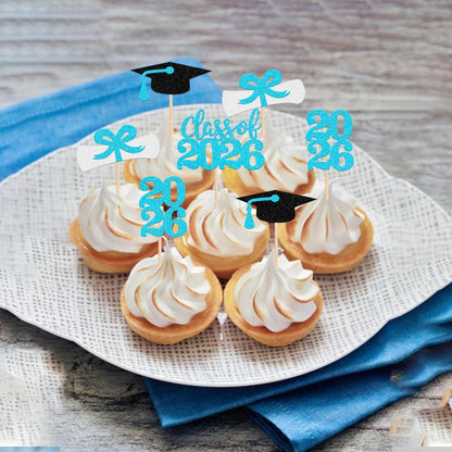 36 PCS 2026 Graduation Theme Cupcake Toppers Glitter Class of 2026 Grad Cap Diploma Cupcake Picks 2026 Graduation Theme Party Cake Decorations Supplies Deep Blue
