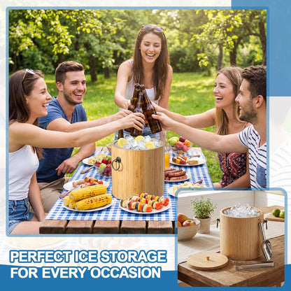 Honeydak 3L Bamboo Ice Bucket with Stainless Steel Interior, Insulated Ice Bucket with Lid & Handles, Includes Scoop & Tongs, for Champagne, Wine, Cocktails, Parties, Bars, Home, Outdoor