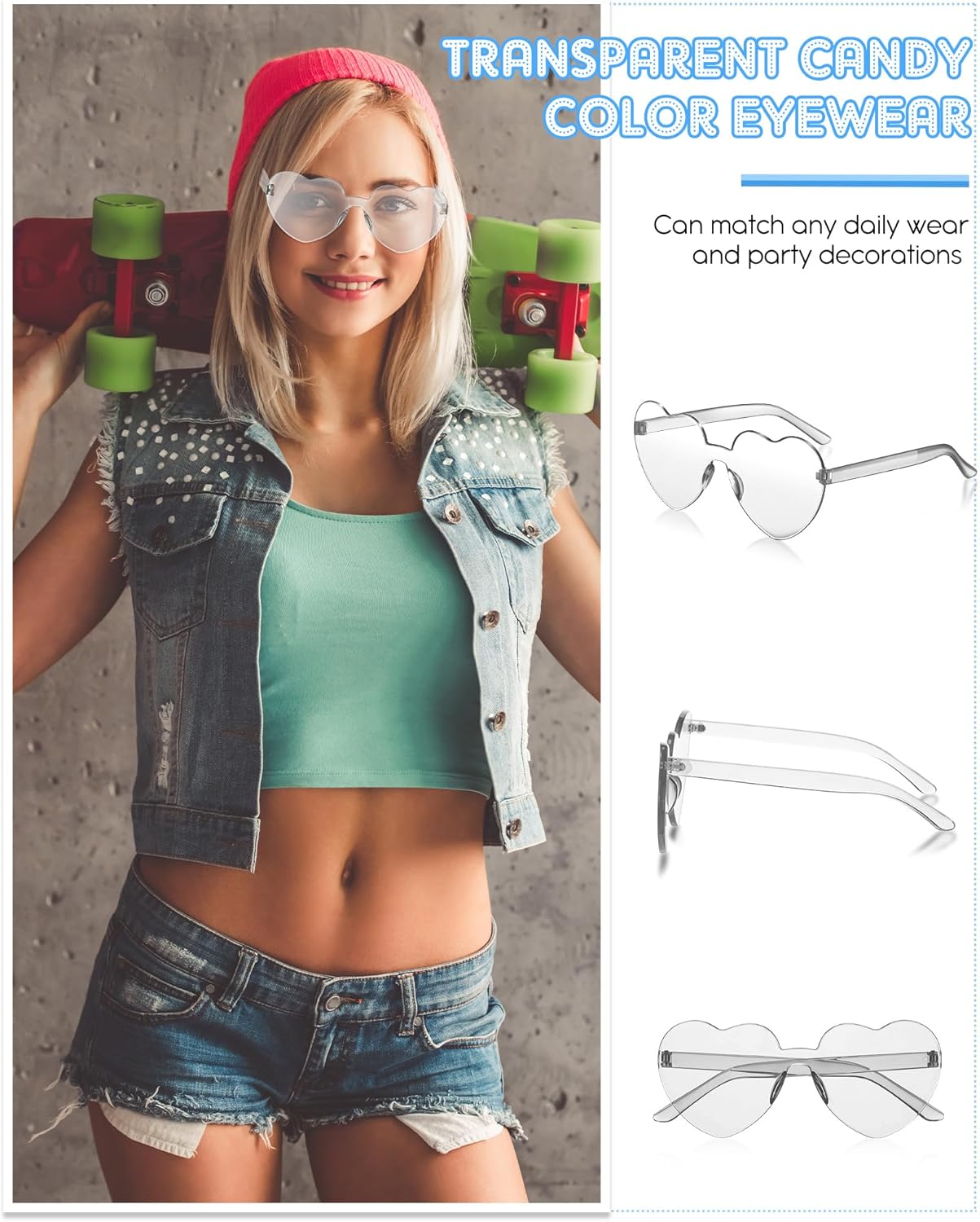 Photect 12 Pair Heart Shaped Sunglasses Neon Color Transparent Heart Glasses for Women Party Favor