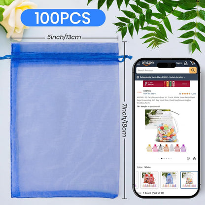 ANZNKU 50 Pack Organza Bags 5 x 7 in White Small Mesh Gift Bags Bulk Drawstring for Wedding Party Favors, Little Goodie Bag for Candy Jewelry Soap Makeup, Treat Sachet Pouch for Mothers Gifts Wrap