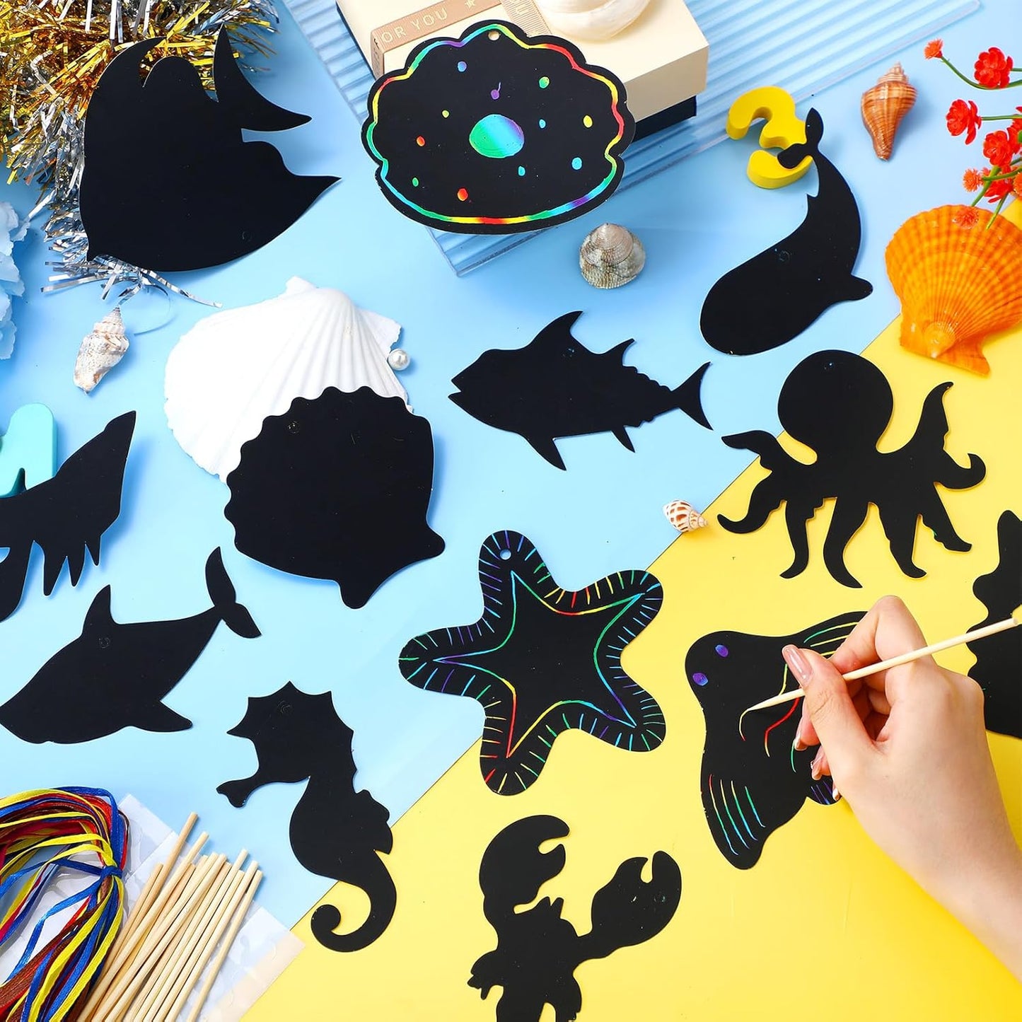 Liliful 80 Pcs Ocean Animals Scratch Cards Sea Crafts for DIY Ocean Party Scratch Card Summer Card Under the Sea Party Favors for DIY Crafts Home Decoration Project, 20 Styles