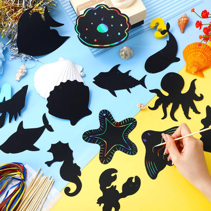 Liliful 80 Pcs Ocean Animals Scratch Cards Sea Crafts for DIY Ocean Party Scratch Card Summer Card Under the Sea Party Favors for DIY Crafts Home Decoration Project, 20 Styles