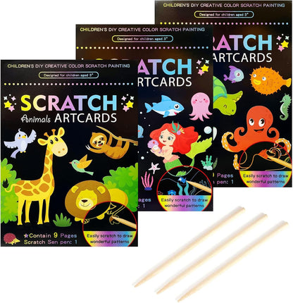 3Set Scratch Paper Art for Kids, Colorful Magic Drawing Book for Children Girls, Rainbow Scratch Off Craft Painting Book with 3 Scratch Pen for Birthday Party Games, DIY Projects Kits Craft Gifts