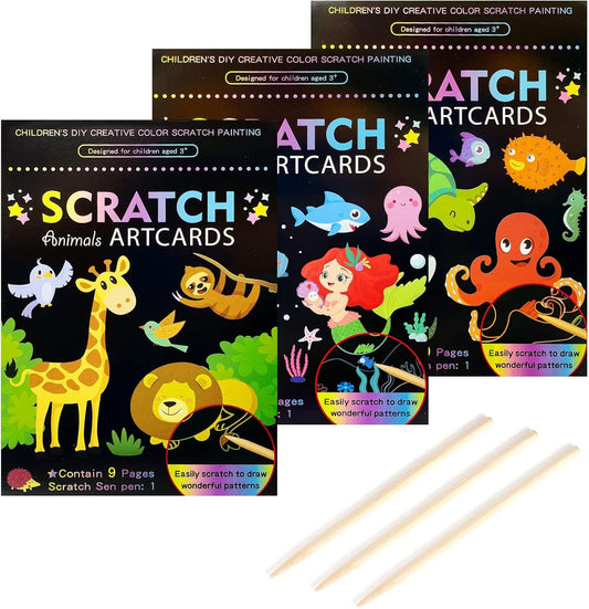 3Set Scratch Paper Art for Kids, Colorful Magic Drawing Book for Children Girls, Rainbow Scratch Off Craft Painting Book with 3 Scratch Pen for Birthday Party Games, DIY Projects Kits Craft Gifts