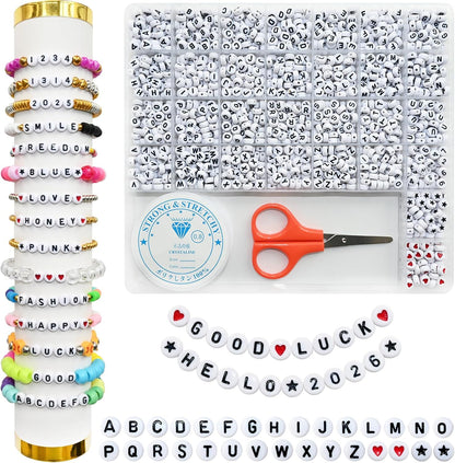 Amaney 1400pcs Glow Letter Beads, Heart Beads Whit Elastic Beading Cord,4x7mm Round Acrylic Alphabet Beads for Friend Bracelet Jewelry Making