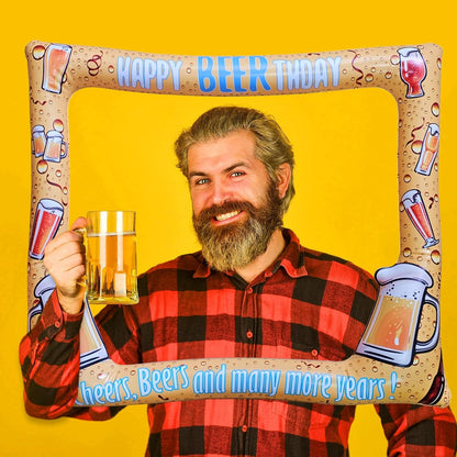 Beer Themed Happy Birthday Inflatable Selfie Photo Frame Props for Pictures & Decors Cheers and Beers Happy BEERthday Blow Up Picture Frame for 20th 30th 40th 50th 60th 70th and More Birthdays
