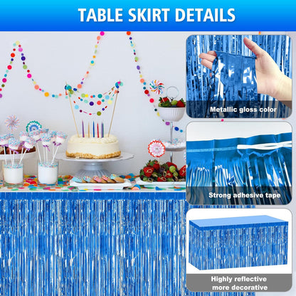 2 Pack 29.5x108 Inch Silver Foil Tinsel Fringe Table Skirts, Disposable Table Skirts for Rectangle Tables Curtains Backdrop Parade Wedding Floats Baby Shower Birthday Mardi Gras Party
