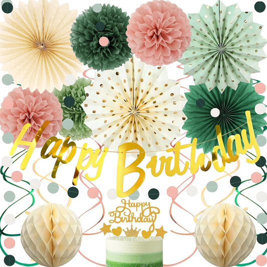 Sage Green and Pink Gold Birthday Party Decorations Kits with Happy Birthday Banner,Circle Dots Garland, Flower Pom poms,Honeycom Ball,Paper Fan,Swirls Hanging for Women Girls Decor Supplies