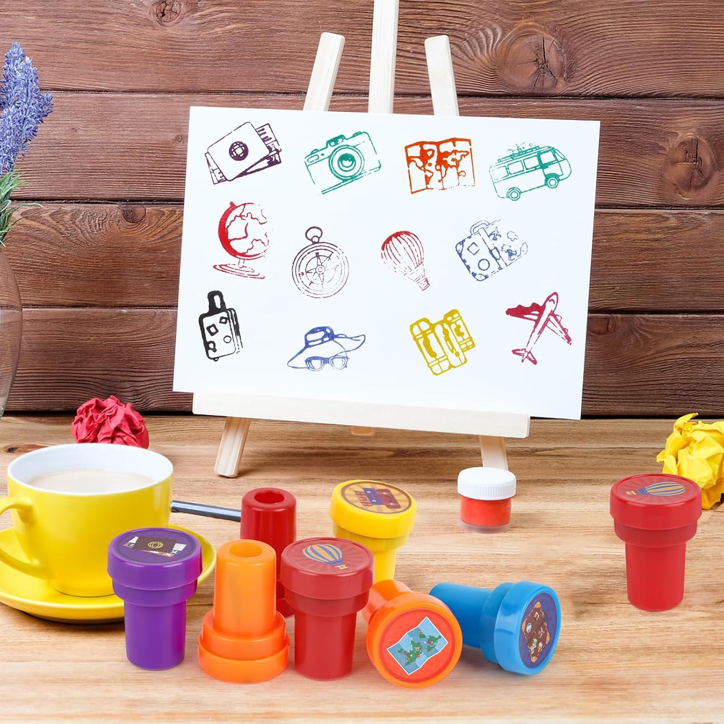 24 PCS Camp Party Favors Camping Adventure Mini Stamps Colorful Self Inking Stamps Camping Themed Party Favors for Boys Girls Student School Classroom Rewards Carnival Prizes Supplies
