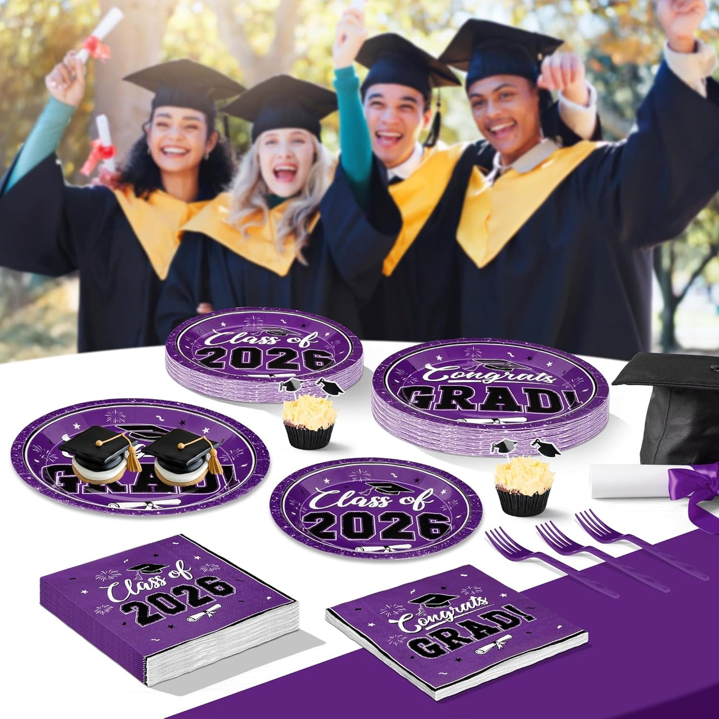 200Pcs Graduation Decorations 2026, Blue Graduation Plates and Napkins Party Supplies for 50 Guests, Disposable Grad Plates, Napkins, Dessert Plates and Forks for Grad Decor Wedding Birthday Supplies