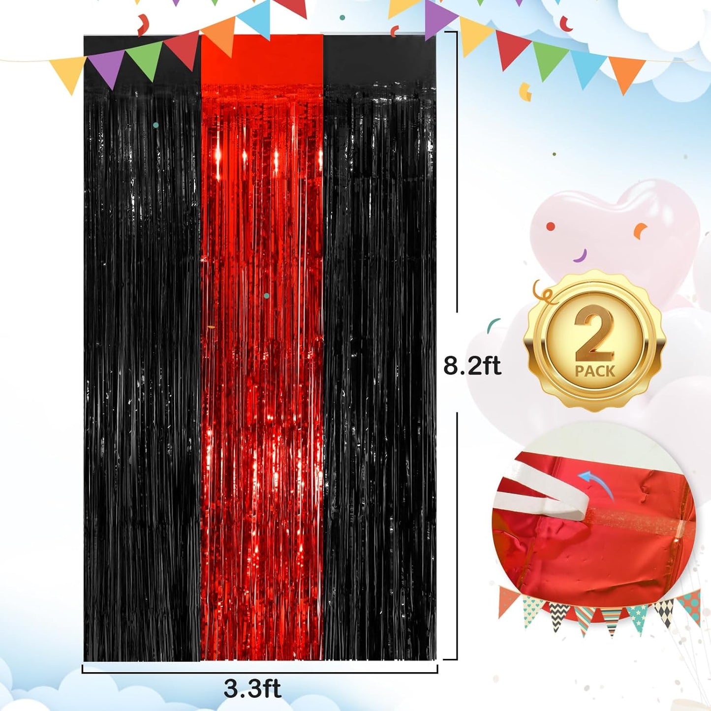 Black Fringe Curtain Party Streamers 2Pack 3.3x8.3 Ft Foil Fringe Backdrop Curtains for Birthday Wedding Bridal Baby Shower Halloween Decor Tinsel Streamers Black Party Decorations Door Streamers