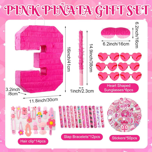 16 Inch Pink Number 6 Pinata for 6th Birthday Party Decorations, 16 x 12 x 3.2 Inches Birthday Pinata with Pinata Filler, Pink Heart Shaped Sunglasses, Stickers, Stick, Blindfold, Confetti