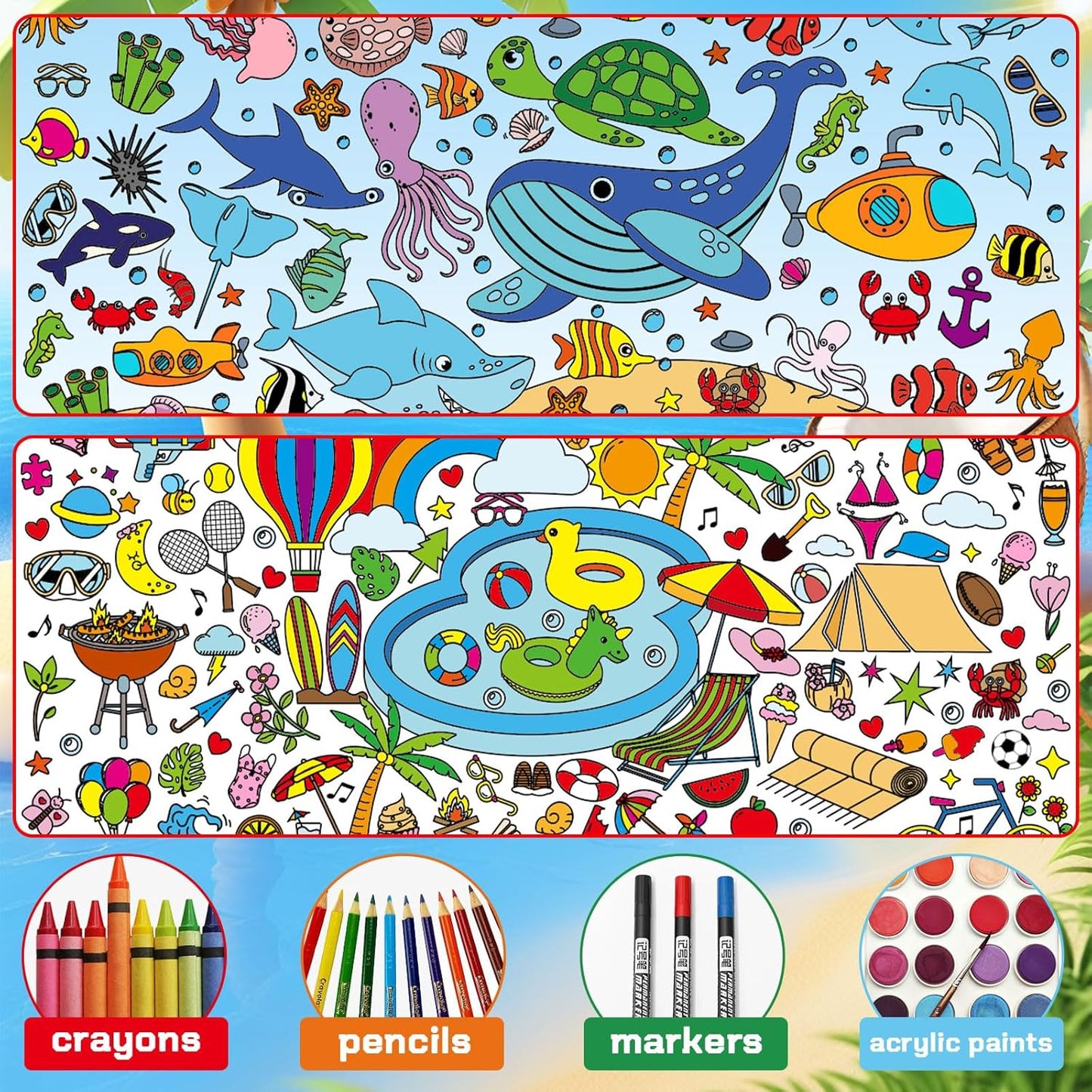 AUGSUN 2 PCS Giant Summer Activity Coloring Poster, Under The Sea Large Coloring Tablecloth Ocean Animals Giant Color-in Paper Table Cover for Kids School Classroom Wall Birthday Crafts Supplies