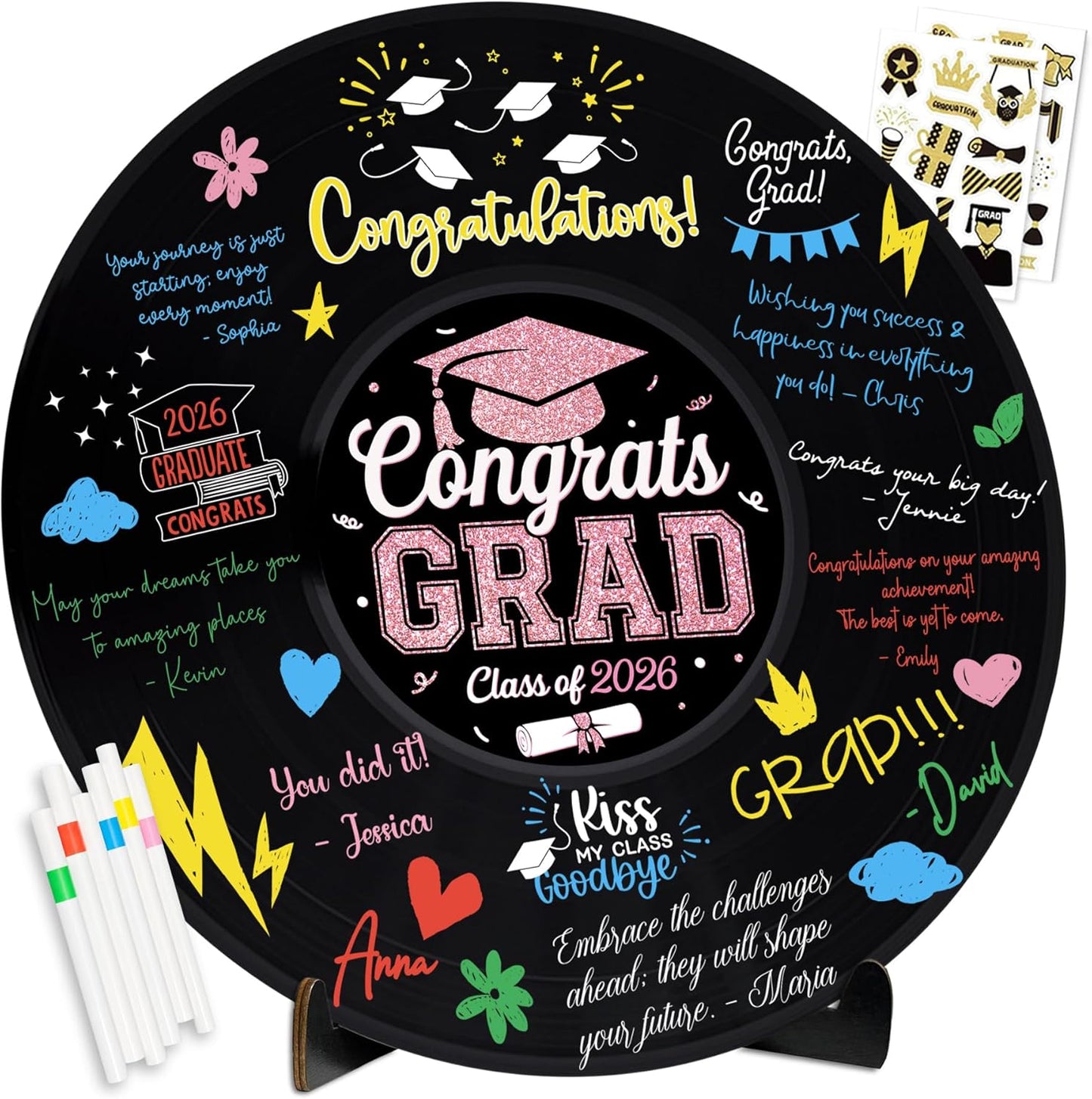 2026 Graduation Party Vinyl Record Alternative Guest Book, Black and Rosegold Class of 2026 Congrats Grad Graduation Decorations Signature Guest Book