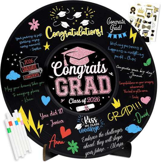 2026 Graduation Party Vinyl Record Alternative Guest Book, Black and Rosegold Class of 2026 Congrats Grad Graduation Decorations Signature Guest Book