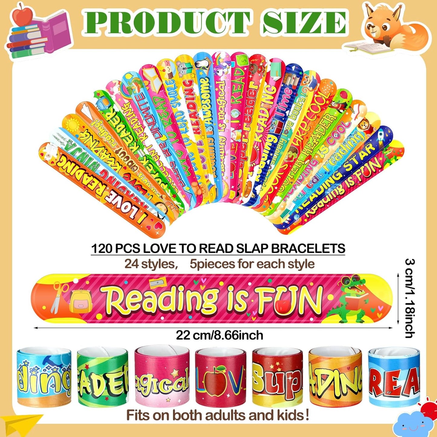 Sasylvia 320 Pcs Love to Read Slap Bracelets Party Favors for Bulk Include 120 Inspirational Read Bracelets with 200 Book Stickers for Rewards Awards Prize Gifts
