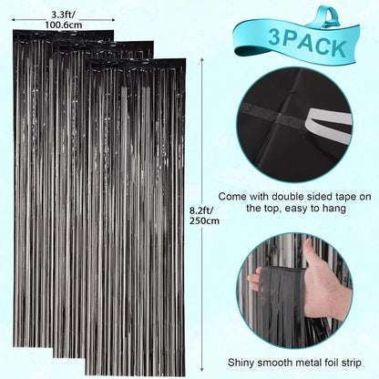 Voircoloria 3 Pack 3.3x8.2 Feet Gold Foil Fringe Backdrop Curtains, Tinsel Streamers, Fringe Backdrop for 2025 New Years Eve, Graduation, Birthday, Baby Shower, Gender Reveal, Disco Party - Colors A