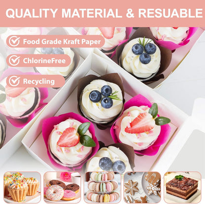 OAMCEG 50 PCS Cupcake Boxes with Window, 6x6x3 Inch Cookie Boxes, Bakery Treat Boxes for Pastry, Dessert, Chocolate Strawberries, Cupcake Containers, Gift Giving with Stickers & Twine （Brown）