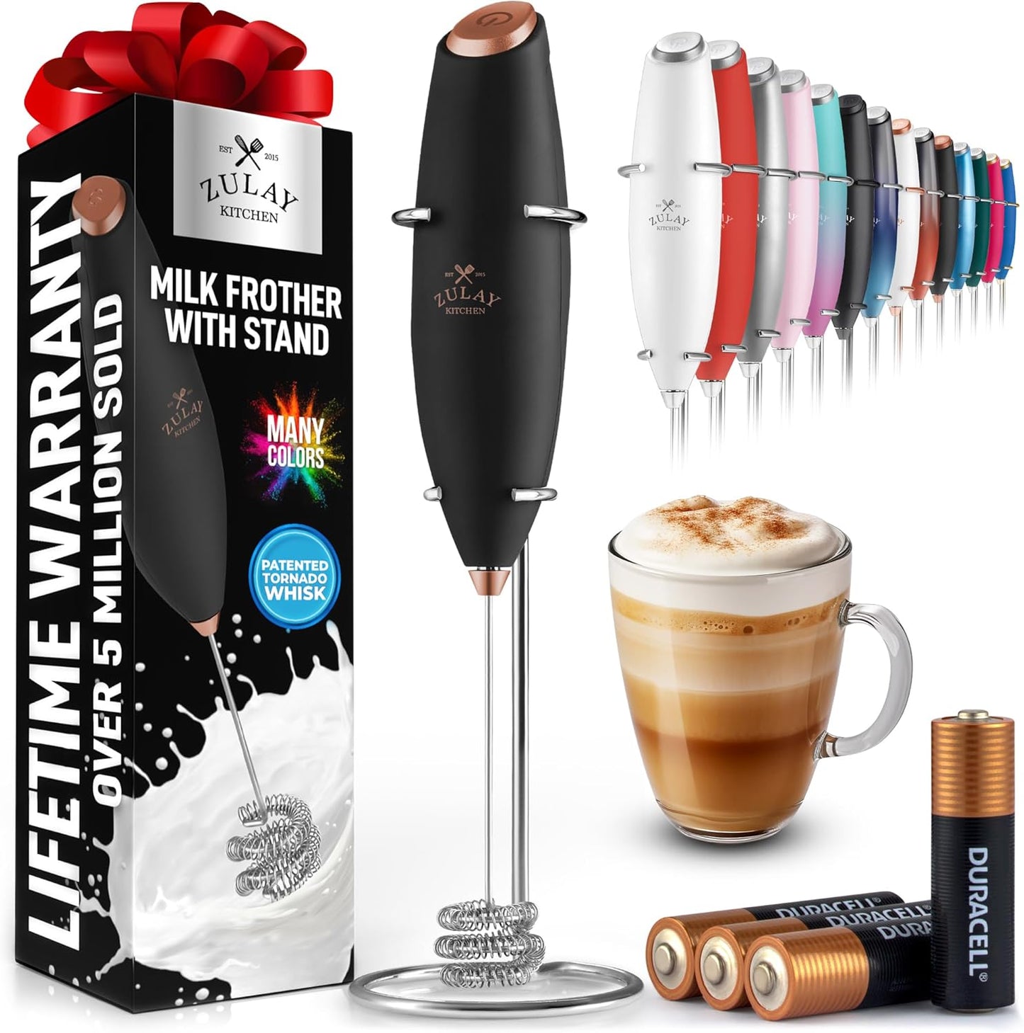 Zulay Kitchen Powerful Milk Frother Wand With Duracell Batteries - Ultra Fast Handheld Drink Mixer - Electric Whisk Foam Maker for Coffee, Lattes, Cappuccino & Matcha - Z1 Motor - Black - Colors B