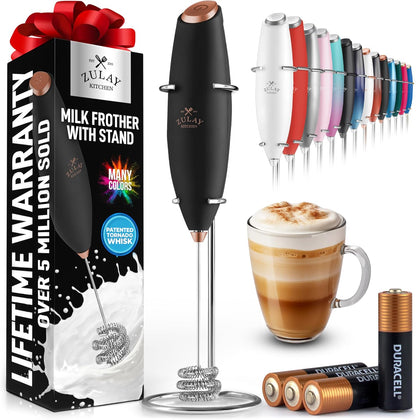 Zulay Kitchen Powerful Milk Frother Wand With Duracell Batteries - Ultra Fast Handheld Drink Mixer - Electric Whisk Foam Maker for Coffee, Lattes, Cappuccino & Matcha - Z1 Motor - Black - Colors B