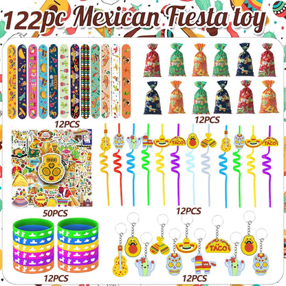 Mexican Fiesta Party Favor 122 PCS Mexican Themed 12 Slap Bracelets 12 Silicone Bracelets 50 Stickers 12 glitter drinking straws 12 Fiesta Keychains 12 Candy Bags 12 Bubble Wands for Mexican Party