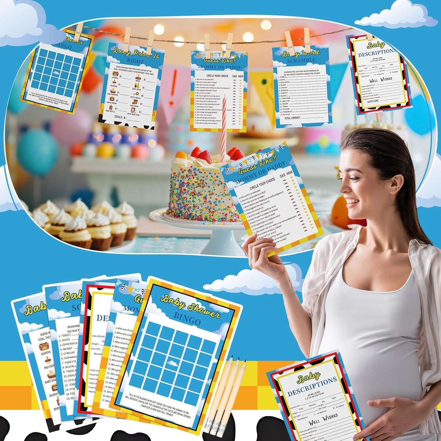Yinder 145 Pcs Baby Shower Games Activities Cards with 20 Pencils Includes Baby Bingo Description and Wishes Guess Who Price is Right Word Scramble Game(Here Comes the Son)