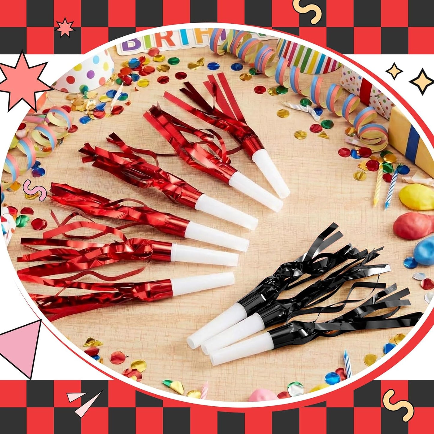 Sumind 24 Pcs Gold Noise Makers Metallic Fringed Party Blowers Horns Whistles Noisemakers Party Favors for Adults Birthday Graduation Sporting Events Celebration Surprise Supplies