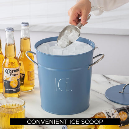 Rae Dunn Ice Bucket with Scoop - Stainless Steel Bucket with Handle, Lid and Ice Scooper - 4 Qt. Storage Bin for Ice Cubes for Bars, Parties, Backyard Barbeques, Picnics, and Camping (Sage)
