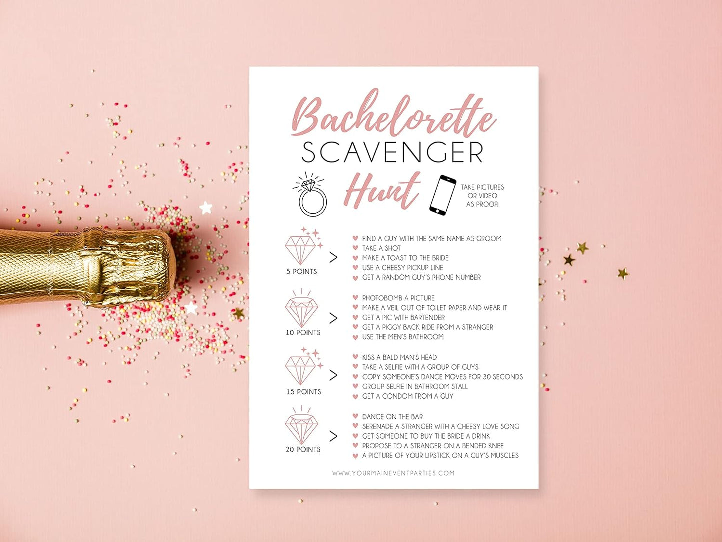 Your Main Event Prints 25 White Bachelorette Scavenger Hunt Party Games, Drinking Game and Dares, Fun Novelty Cards for Girls Night Out