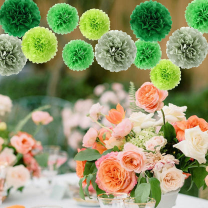BestoFun 16 PCS Sage Green Party Decorations Tissue Paper Flowers Christmas Party Decors Hanging Pom Poms Decorations for Xmas New Year Winter Holiday Decorations