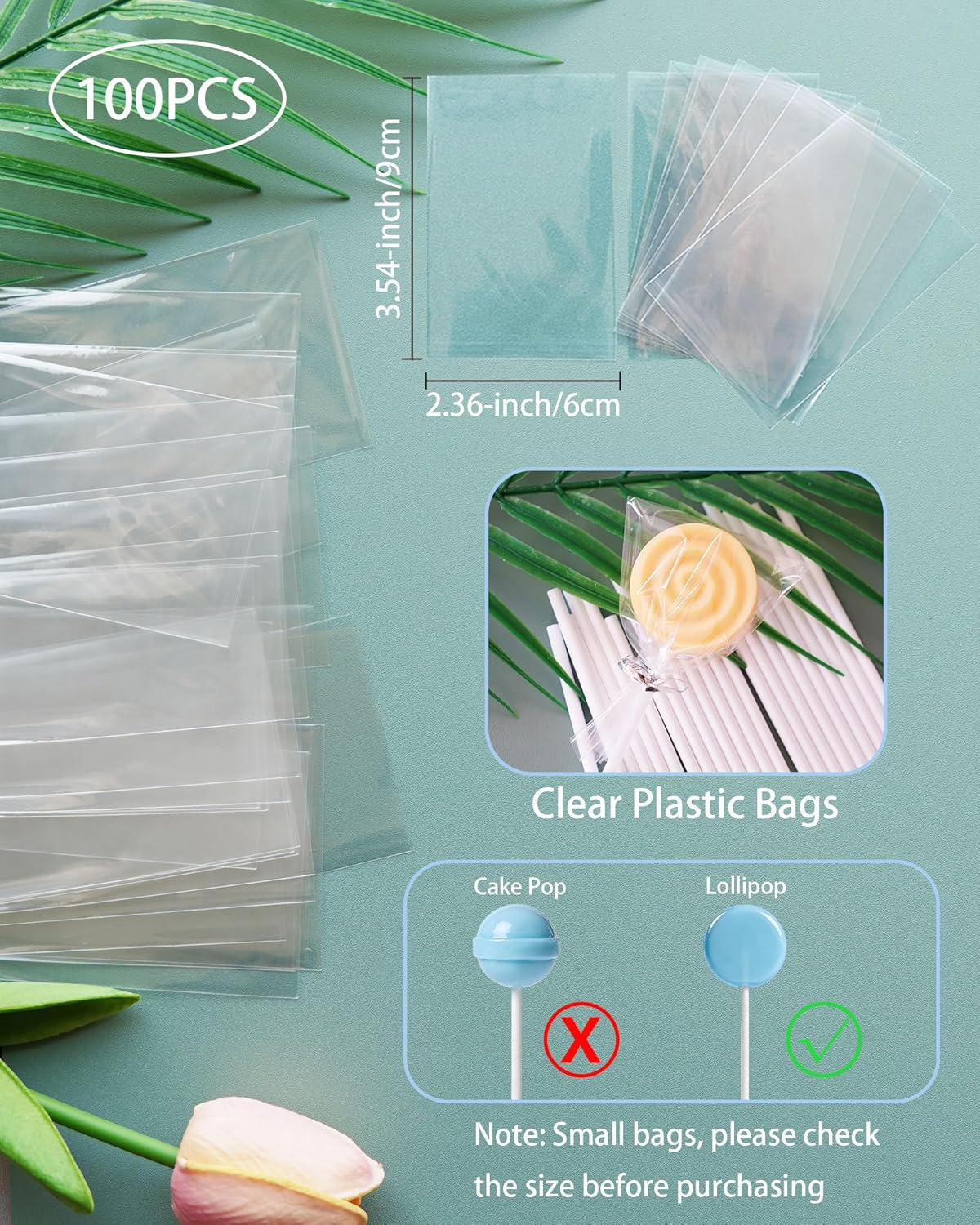 4-inch White Lollipop Sticks and Bags Set, 100Pcs Paper Candy Sticks,100Pcs Clear Bags, 100Pcs Twist Ties for Hard Candy, Chocolate, Cookie, Dessert (Gold)