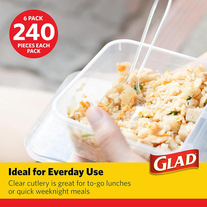 Glad Clear Disposable Cutlery Set with Heavy Duty Plastic Forks, Knives, and Spoons, Reusable Dishwasher Safe Plastic Utensils for Parties and Everyday Use, 240 Count