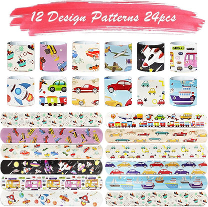 74pcs Transportation Party Favors Set ,24 Slap Bracelets and 50 Sheets Vehicle Stickers, Construction Truck Airplane Car Train Rocket Theme, Party Supplies Goodie Bag Fillers, Bulk Value Gift Pack