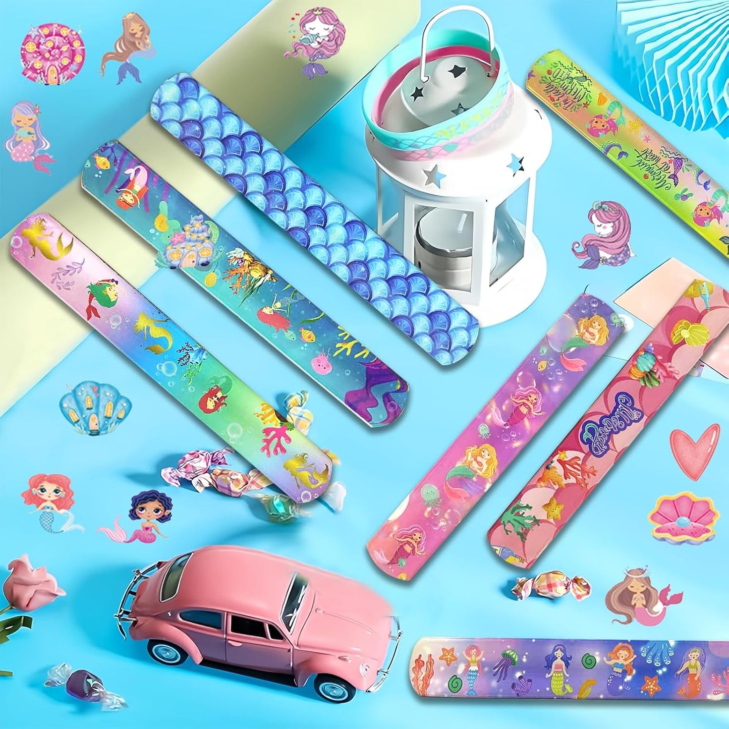 74PCS Mermaid Party Favor 50PCS Mermaid Party Stickers&24PCS Slap Bracelets Birthday Supplies Team Gift Filler